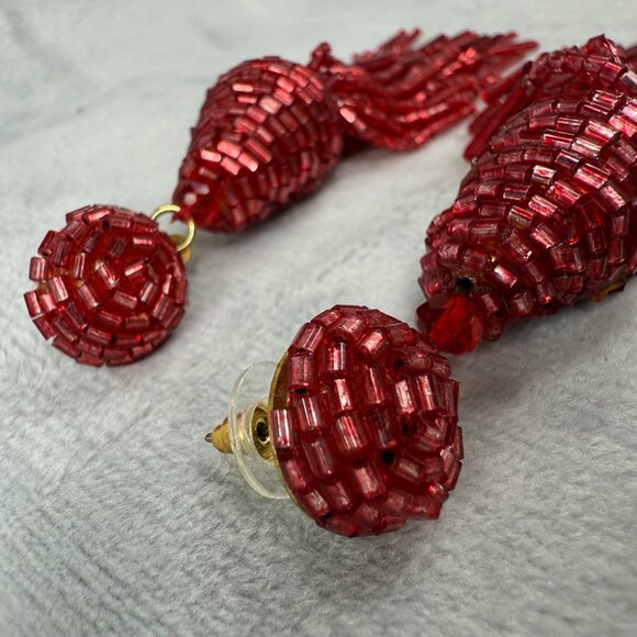 Beaded Red Tassel Pierced Earrings Statement Jewelry Gold Tone Back Vibrant Boho - Picture 11 of 16